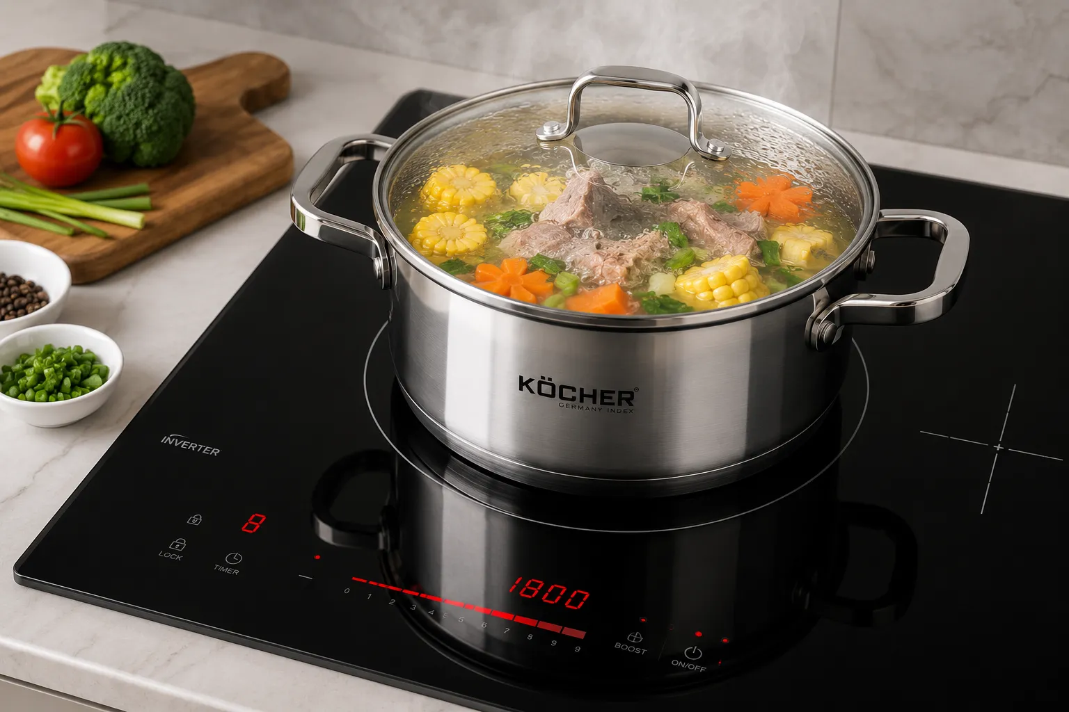 Nồi phù hợp thường có đáy nhiễm từ và được nhà sản xuất ghi ký hiệu dùng cho bếp từ ở đáy hoặc trên bao bì.