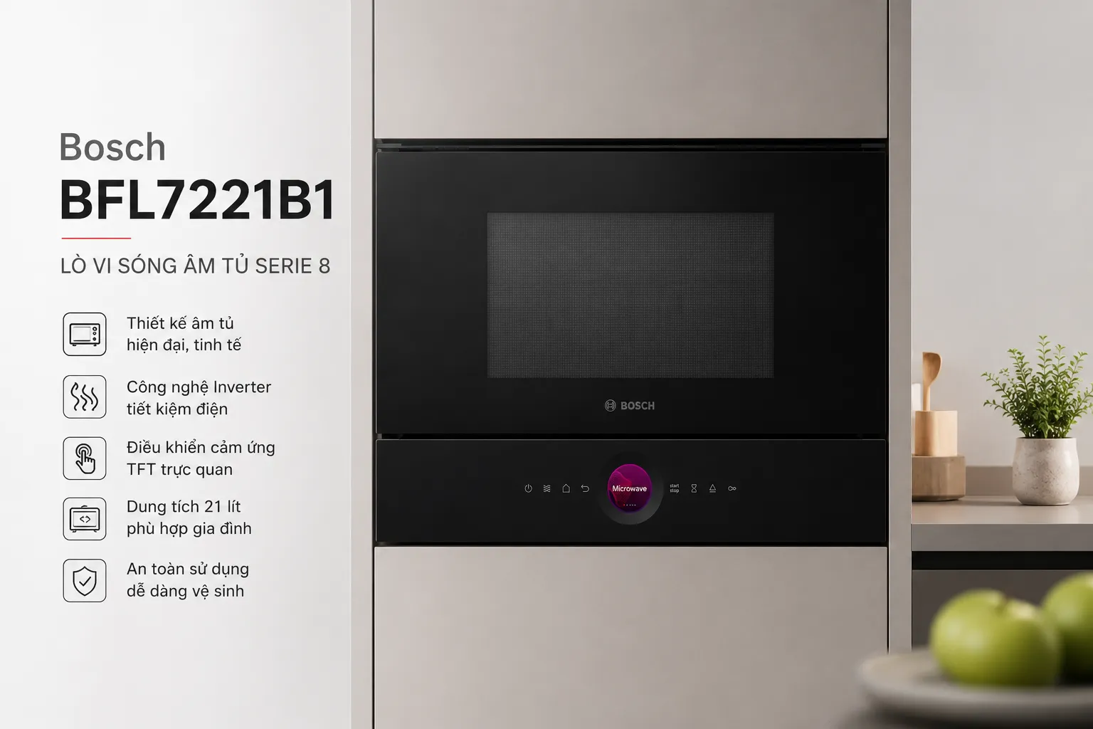 Lò vi sóng âm tủ Bosch BFL7221B1 Serie 8 với thiết kế hiện đại