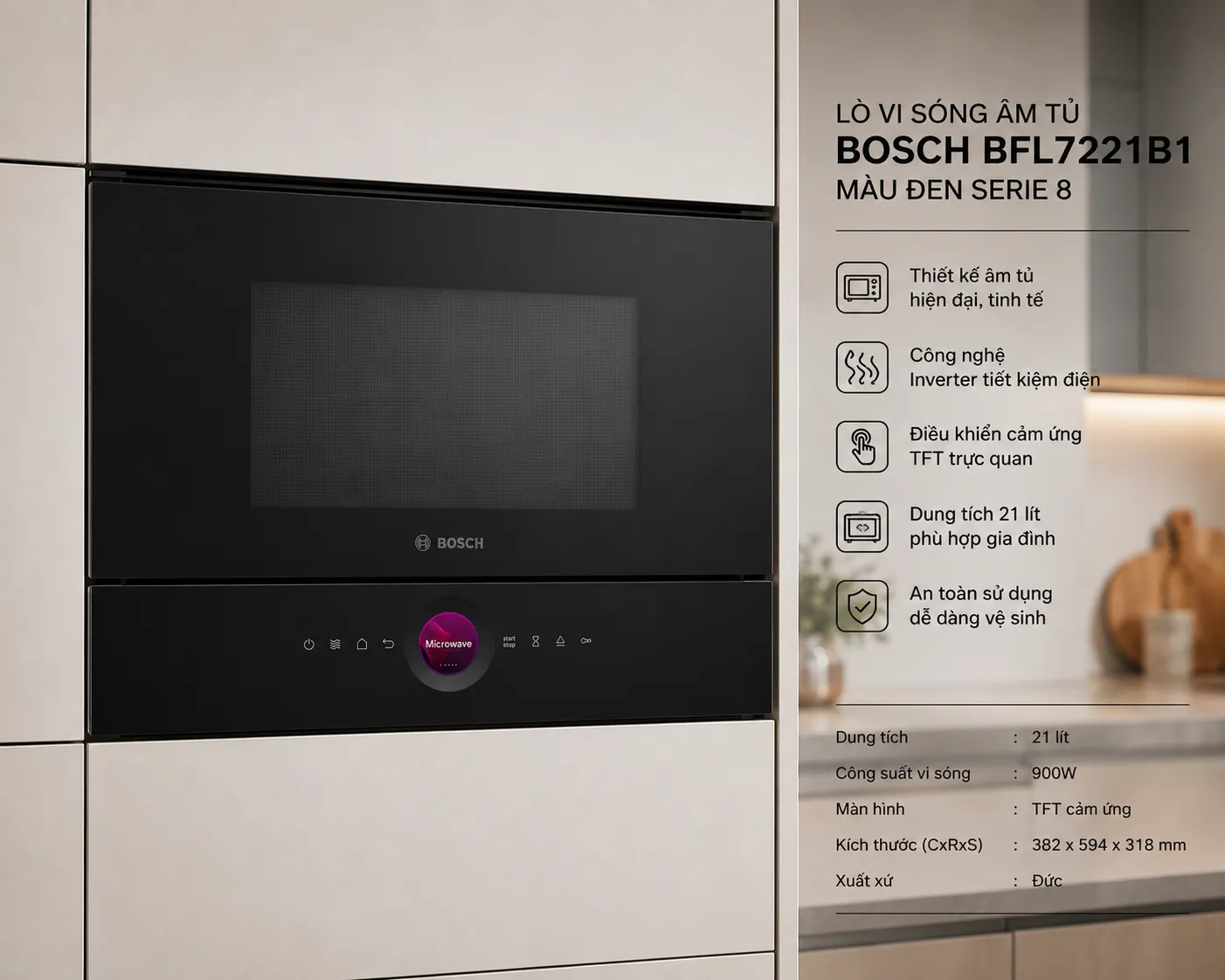 Lò vi sóng âm tủ Bosch BFL7221B1 Serie 8 màu đen tại Bếp Sành