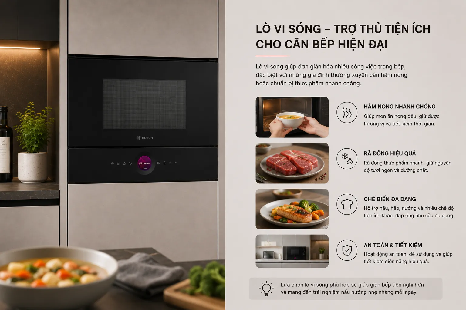 Lò vi sóng hỗ trợ hâm nóng và rã đông thực phẩm nhanh chóng trong căn bếp hiện đại