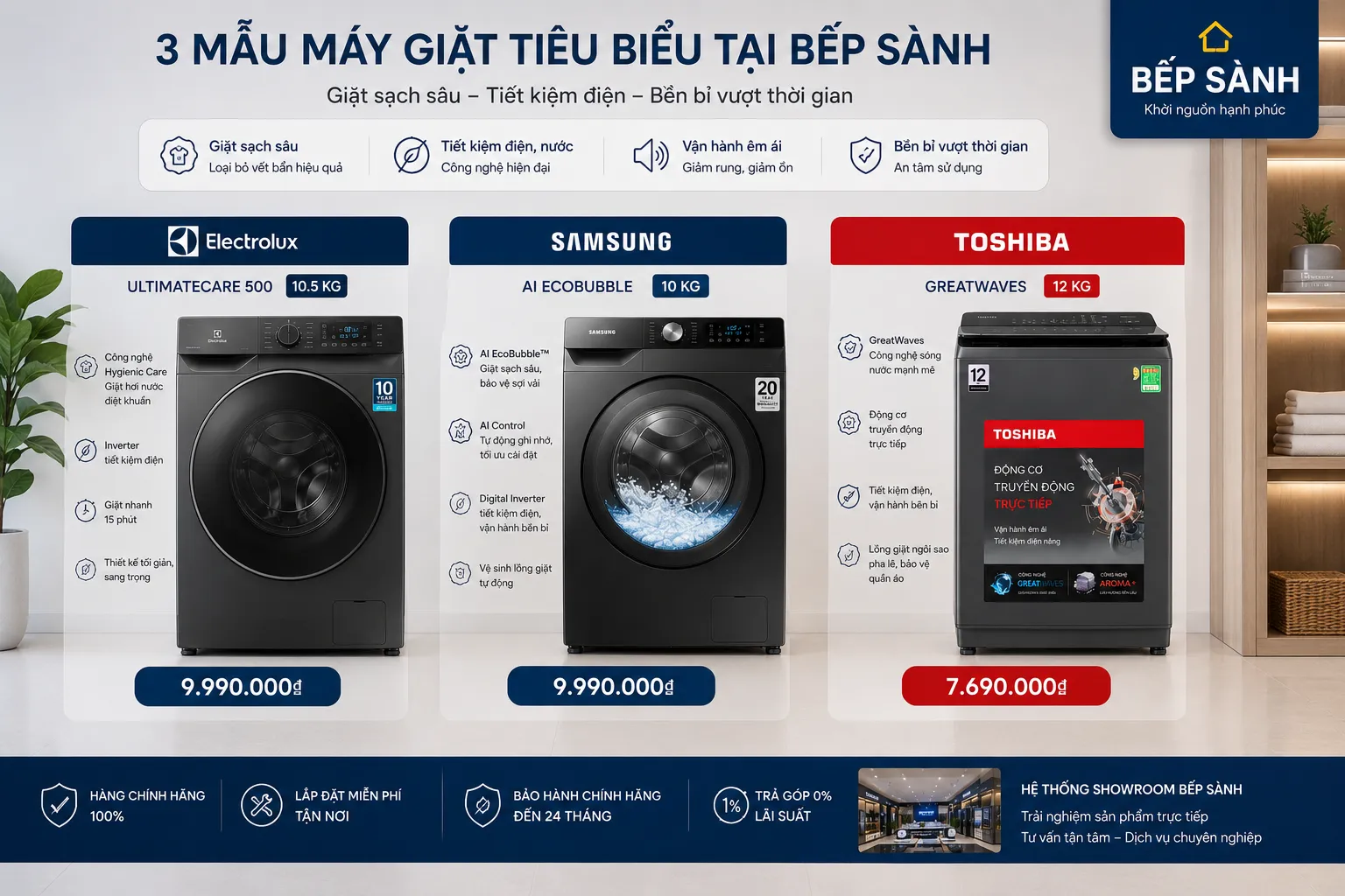 Máy Giặt Chính Hãng – Tiết Kiệm Điện, Giặt Sạch Hiệu Quả 16 Máy giặt chính hãng đa dạng thương hiệu, dung tích tại Bếp Sành