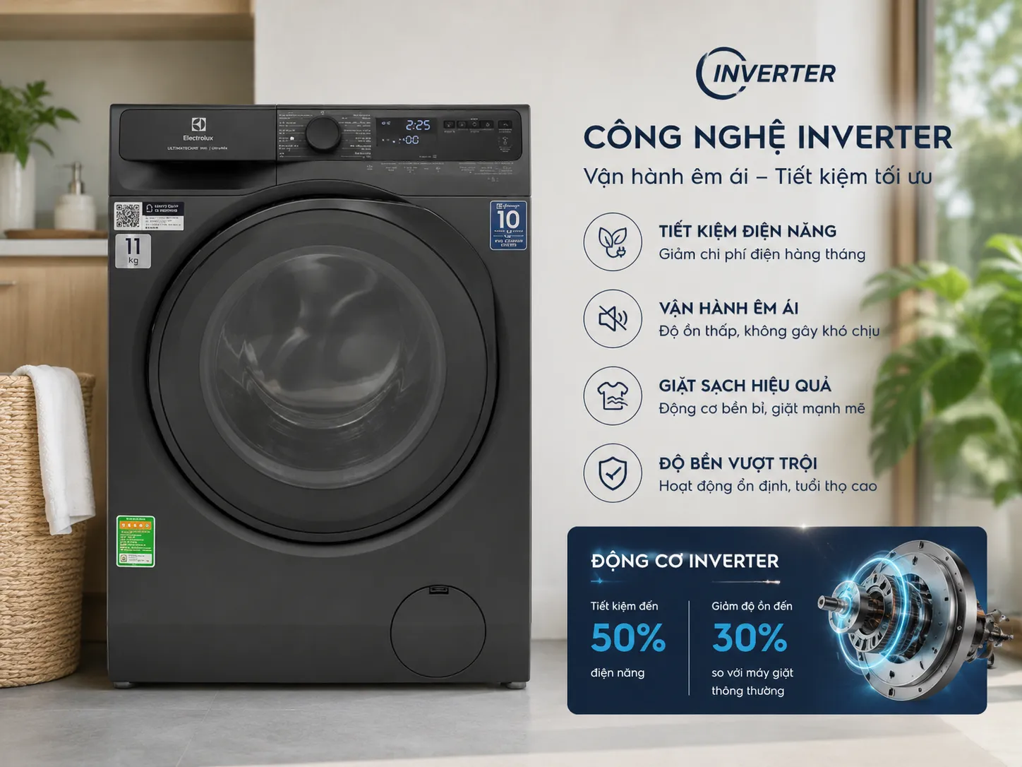 Máy Giặt Chính Hãng – Tiết Kiệm Điện, Giặt Sạch Hiệu Quả 3 Máy giặt Inverter hỗ trợ tiết kiệm điện và vận hành ổn định