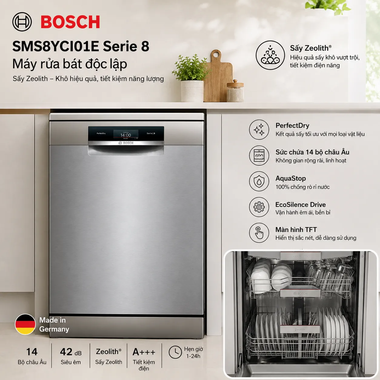 Máy rửa bát Bosch SMS8YCI01E Serie 8 sấy Zeolith