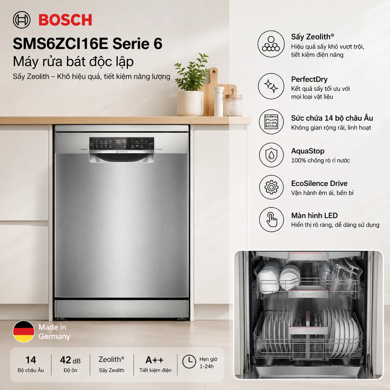 Máy rửa bát độc lập Bosch SMS6ZCI16E Serie 6 sấy Zeolith