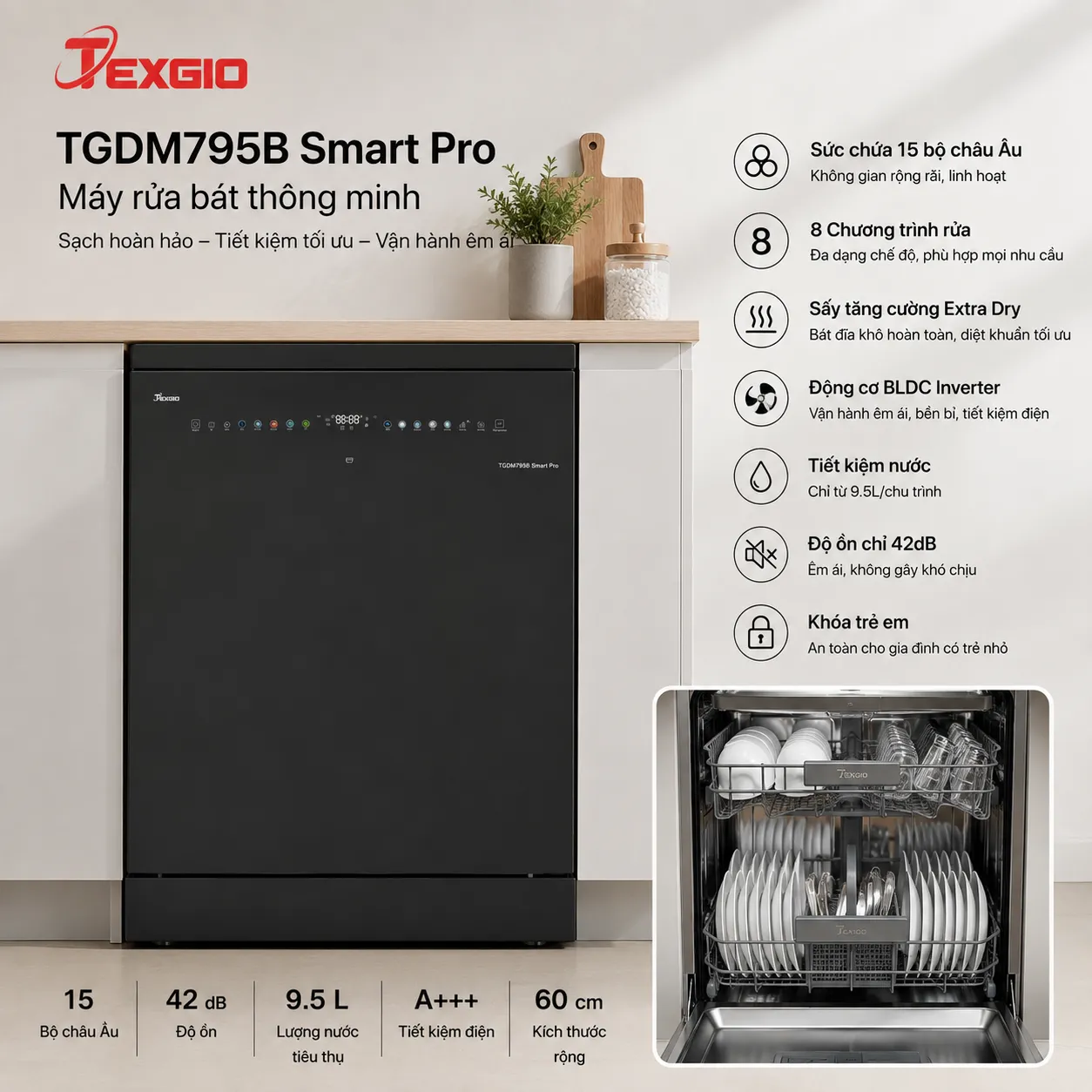 Máy rửa bát Texgio TGDM795B Smart Pro