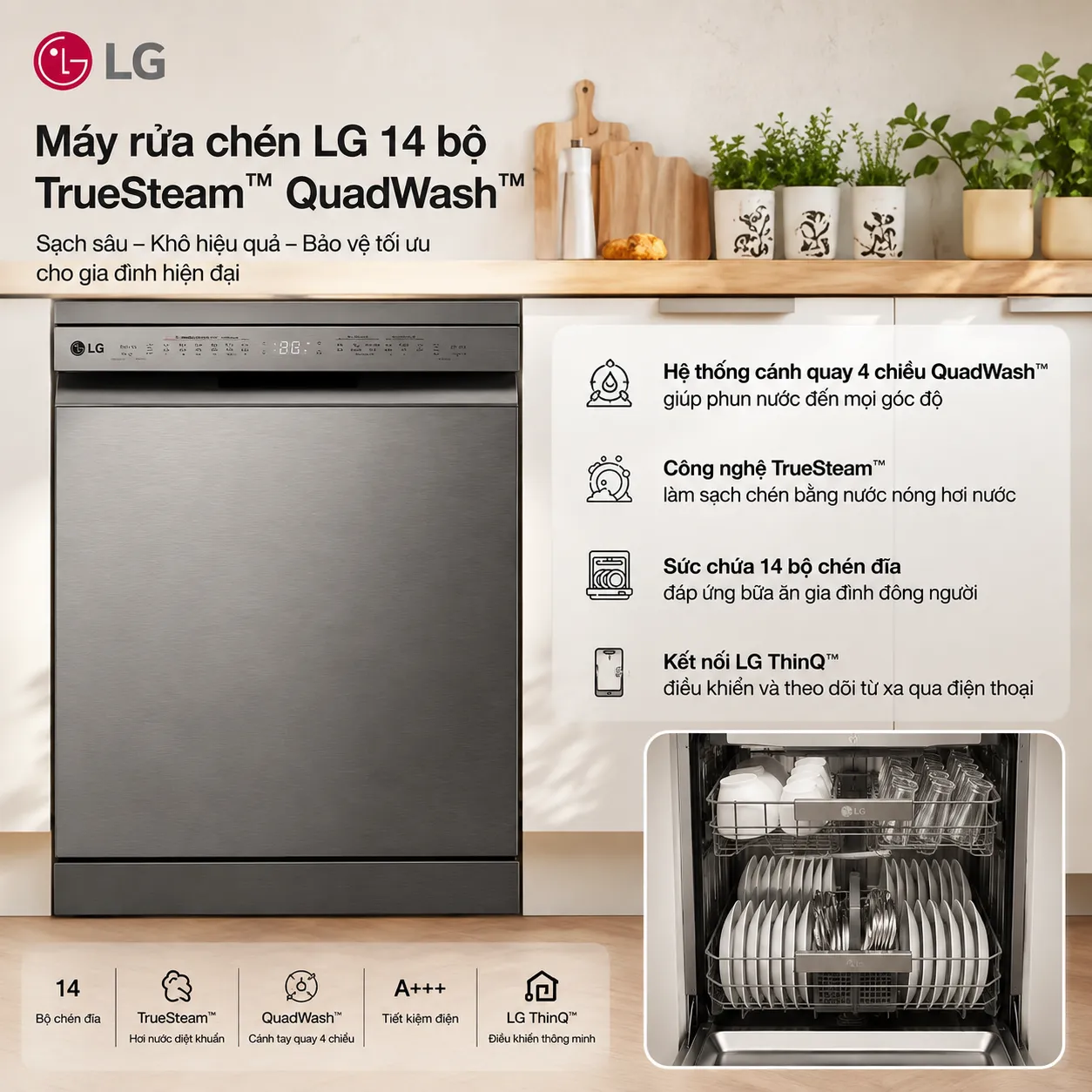 Máy rửa chén LG 14 bộ TrueSteam QuadWash