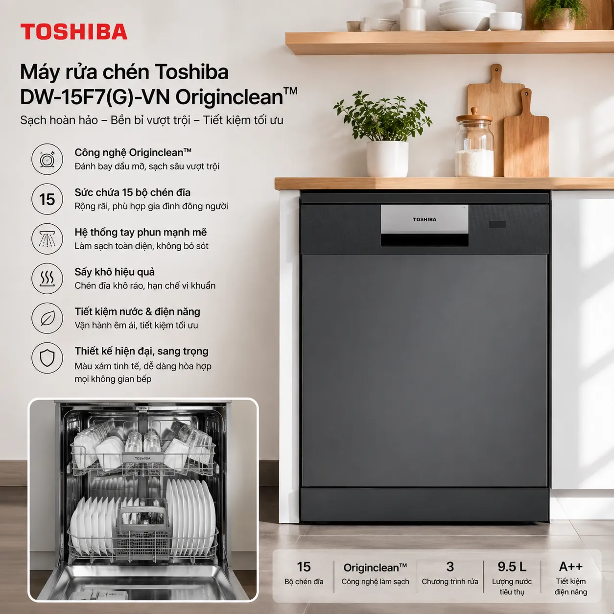 Máy rửa chén Toshiba DW-15F7(G)-VN Originclean™