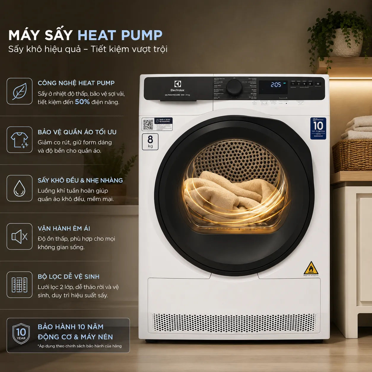 Máy sấy bơm nhiệt sử dụng công nghệ Heat Pump để làm khô quần áo.