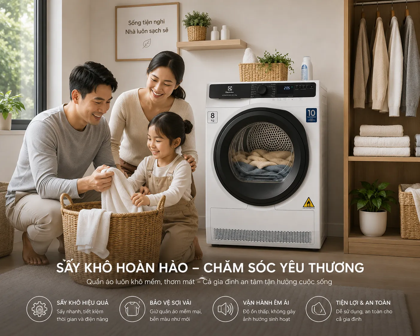 Máy sấy giúp gia đình chủ động làm khô quần áo trong nhiều điều kiện thời tiết.