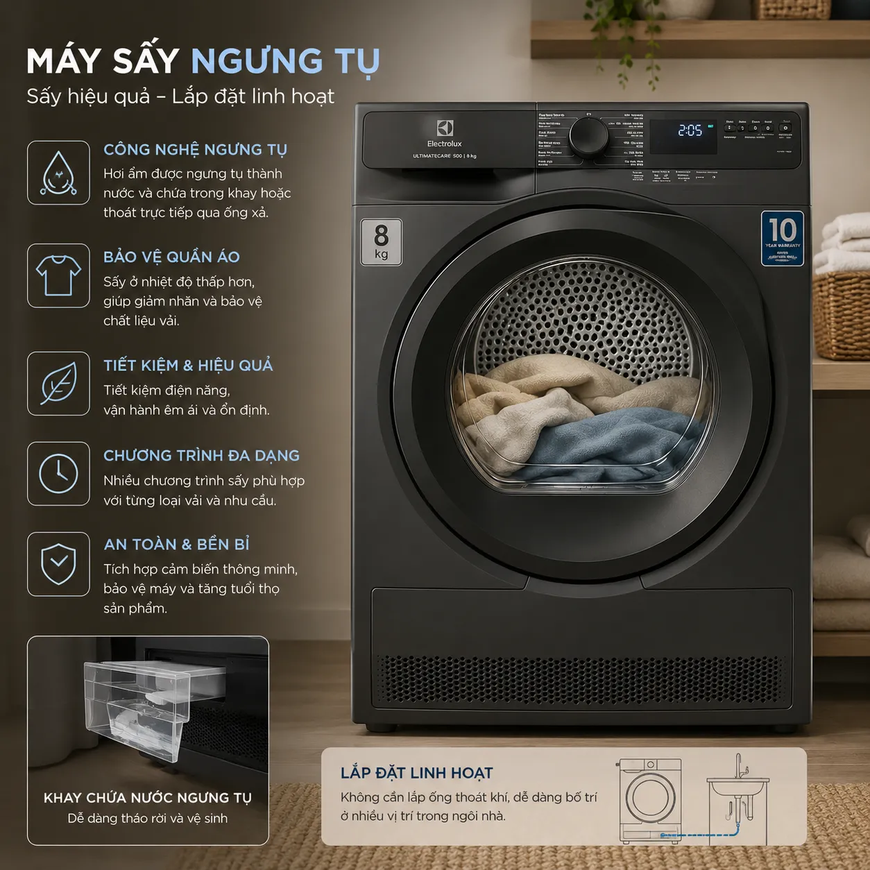 Máy sấy ngưng tụ thu gom hơi ẩm trong quá trình làm khô quần áo.