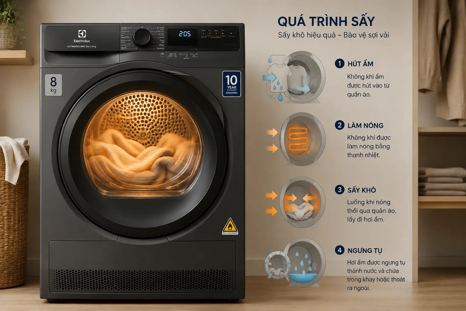 Máy sấy sử dụng luồng khí và nhiệt để làm khô quần áo sau khi giặt.