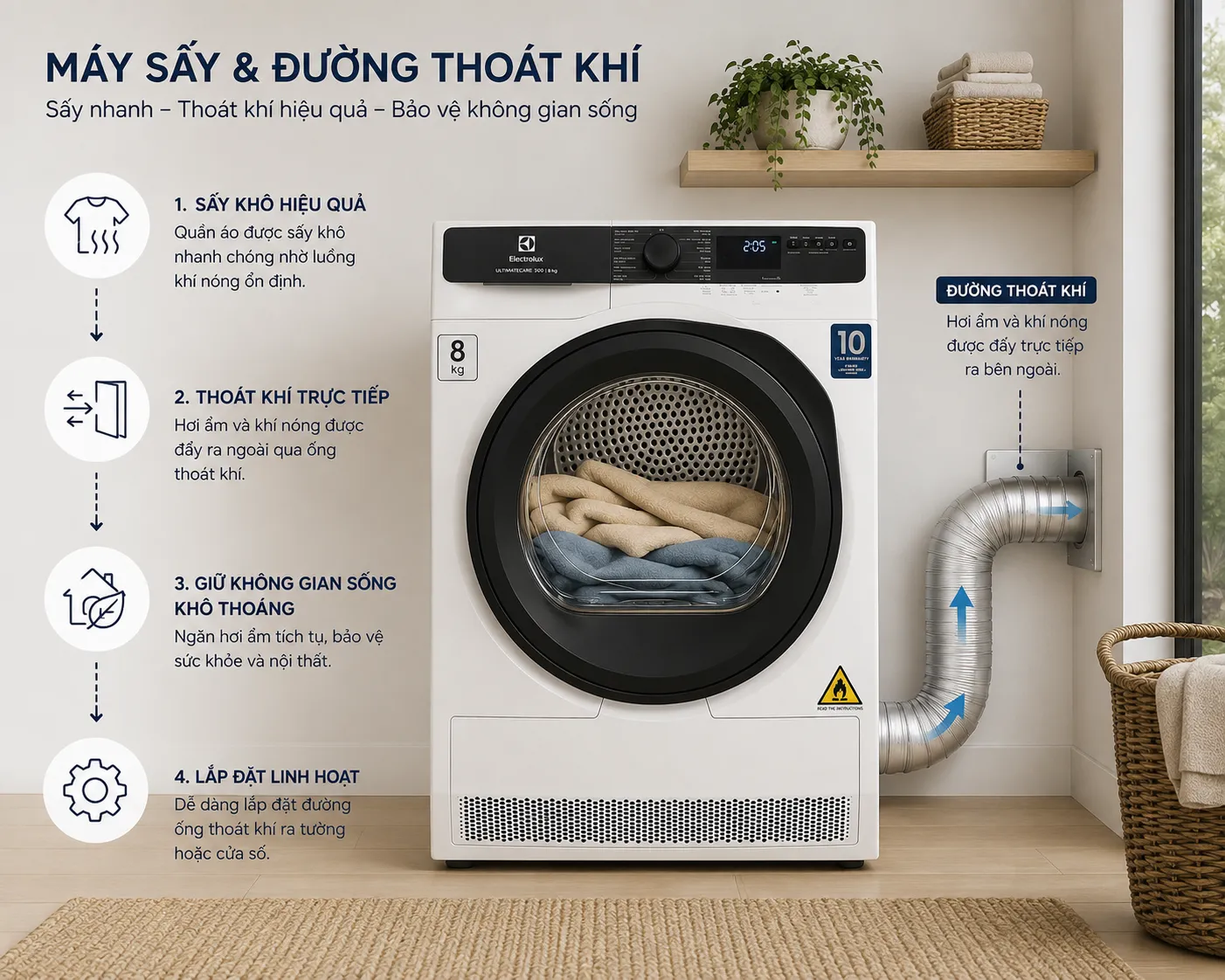 Máy sấy thông hơi sử dụng đường ống để đưa khí ẩm ra ngoài.