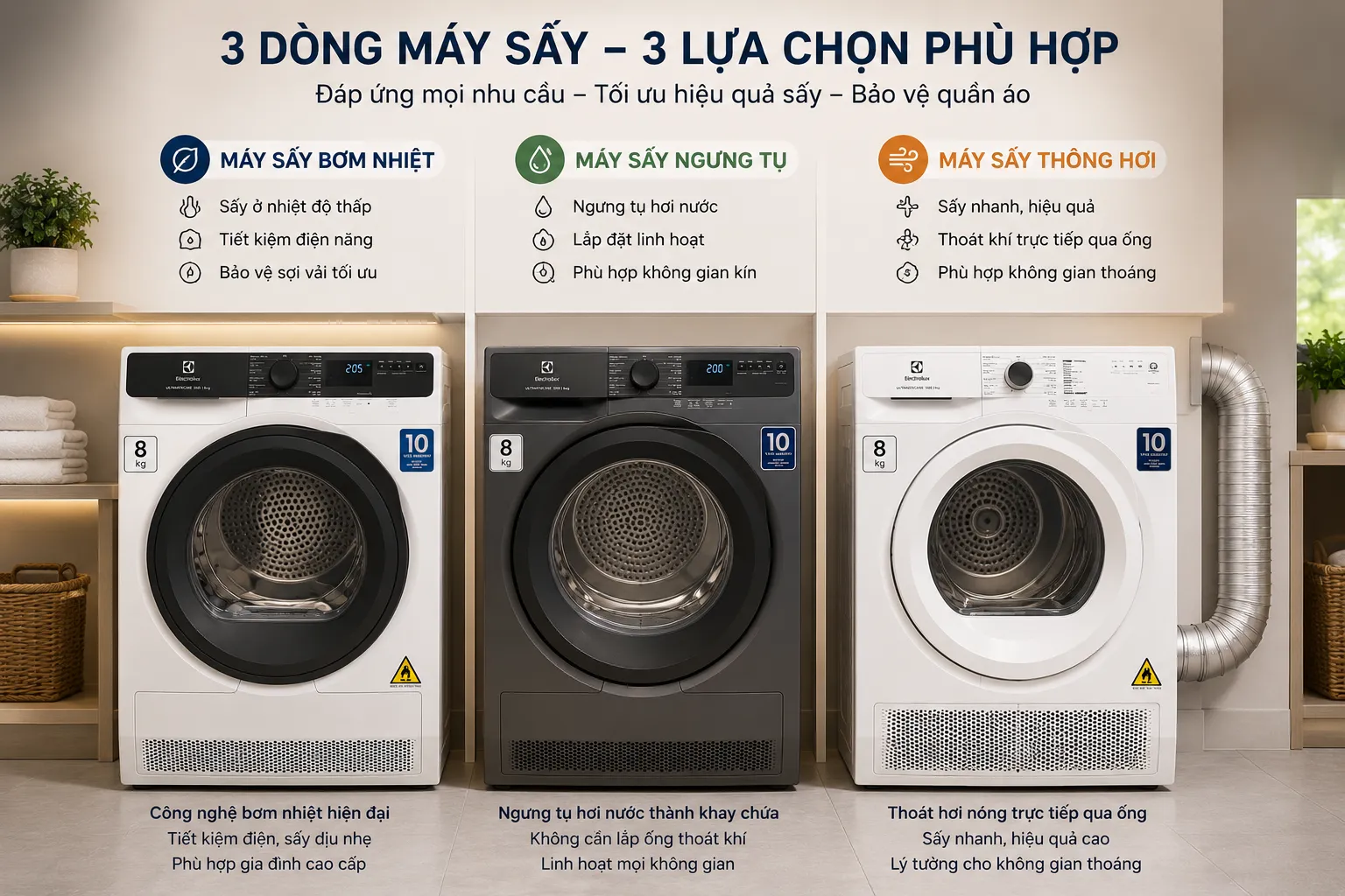 So sánh các loại máy sấy bơm nhiệt, ngưng tụ và thông hơi theo nhu cầu sử dụng và không gian lắp đặt.