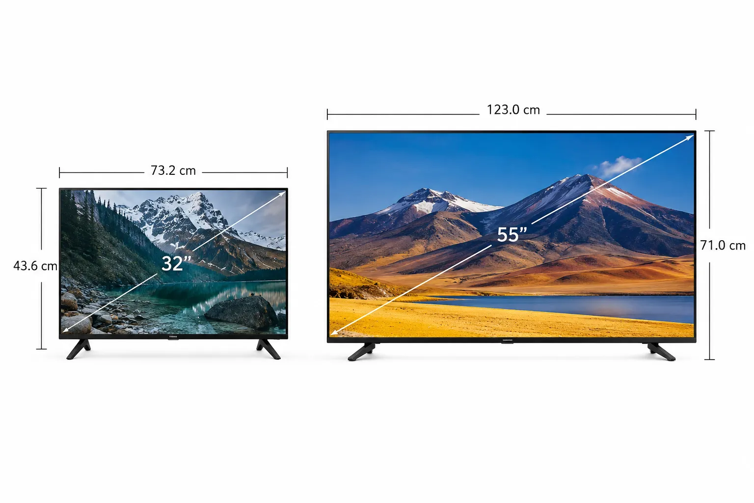 Các kích thước tivi phổ biến từ 32 inch đến 55 inch