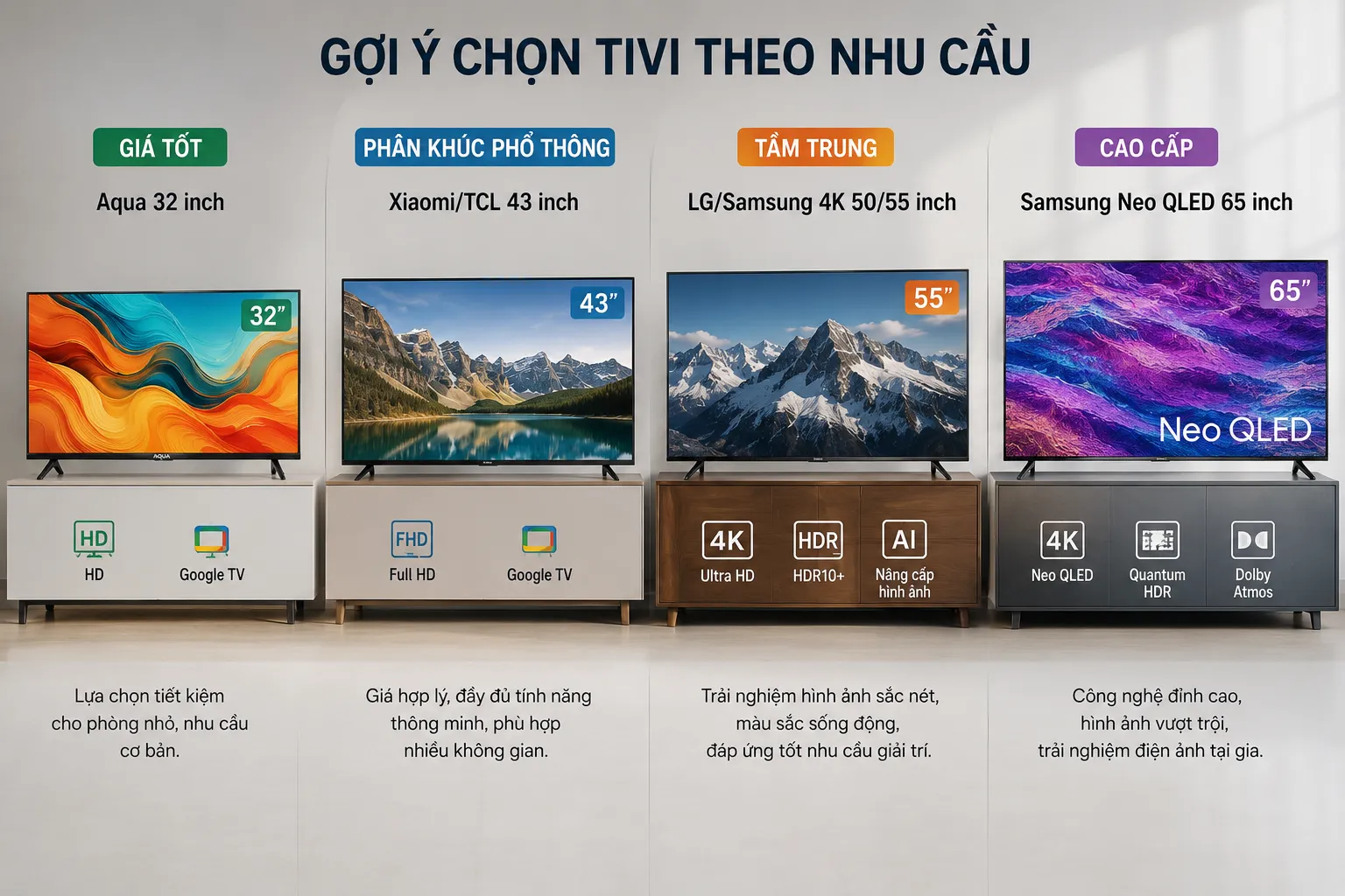 Tivi thông minh chính hãng đa dạng kích thước, công nghệ và phân khúc giá tại Bếp Sành
